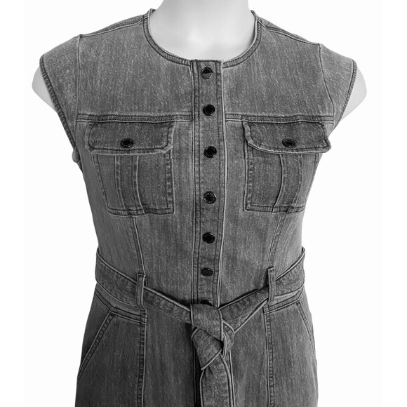 WHBM Women's Snap Button Front Gray Acid Wash Belted Denim Mini Dress - Picture 3 of 10